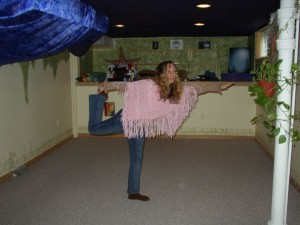 Rena doing yoga in jeans